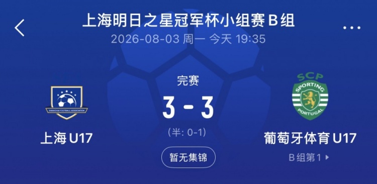 上海U17两球落后连追两球3-3逼平葡体，梁锦鸿梅开二度