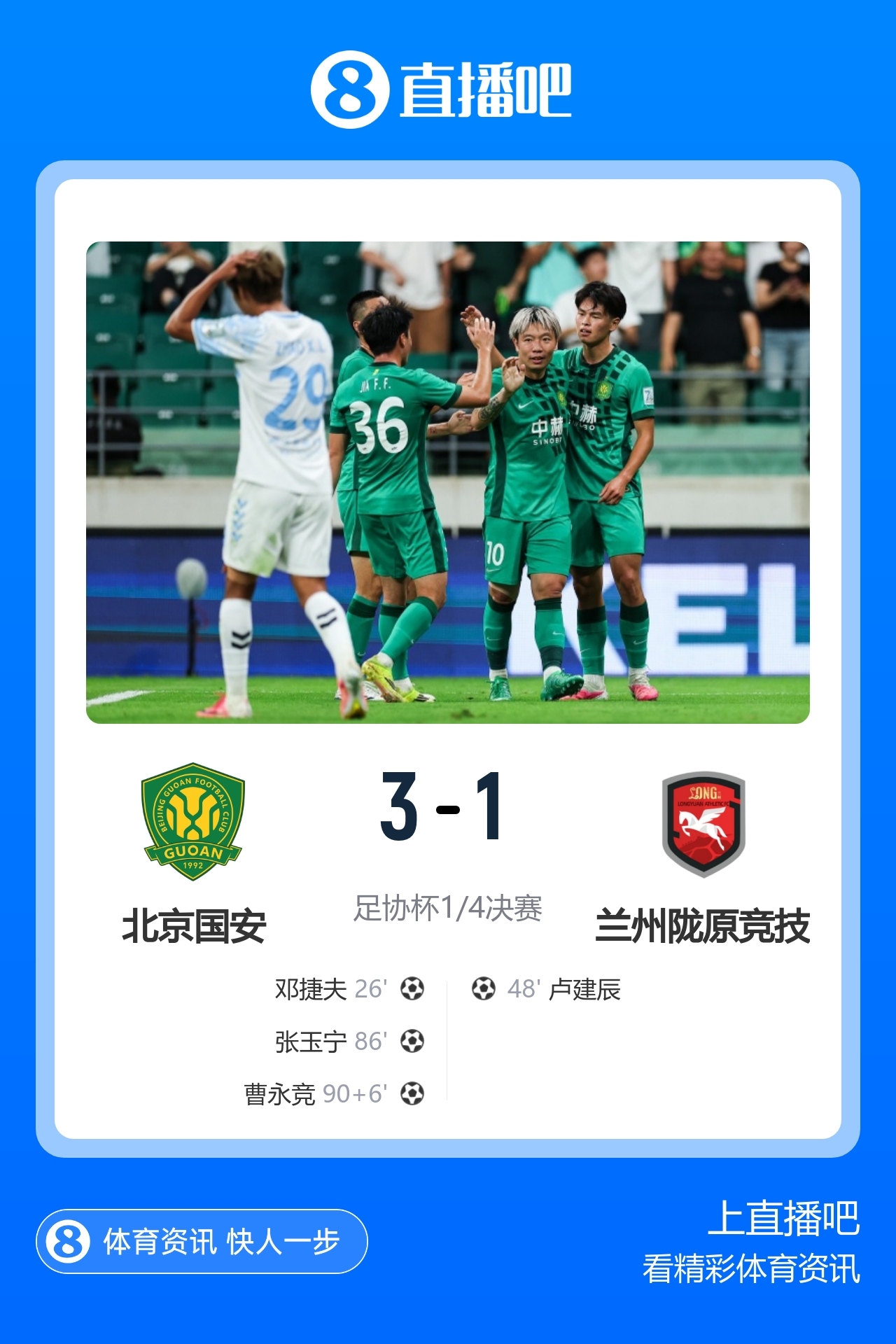 国安3-1中乙兰州进四强将战海港 兰州门将送礼孙薪凯补时绝平越位 国安3-1中乙兰州进四强将战海港 兰州门将送礼孙薪凯补时绝平越位