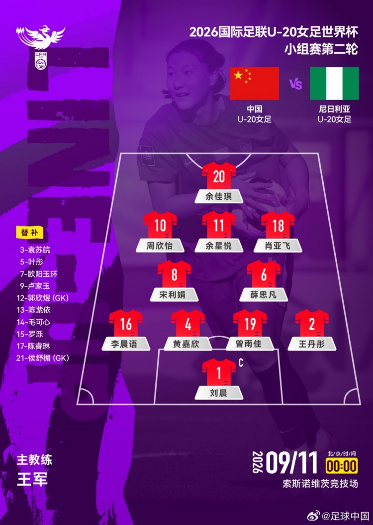 中国U20女足vs尼日利亚U20女足首发:黄嘉欣、周欣怡先发出战