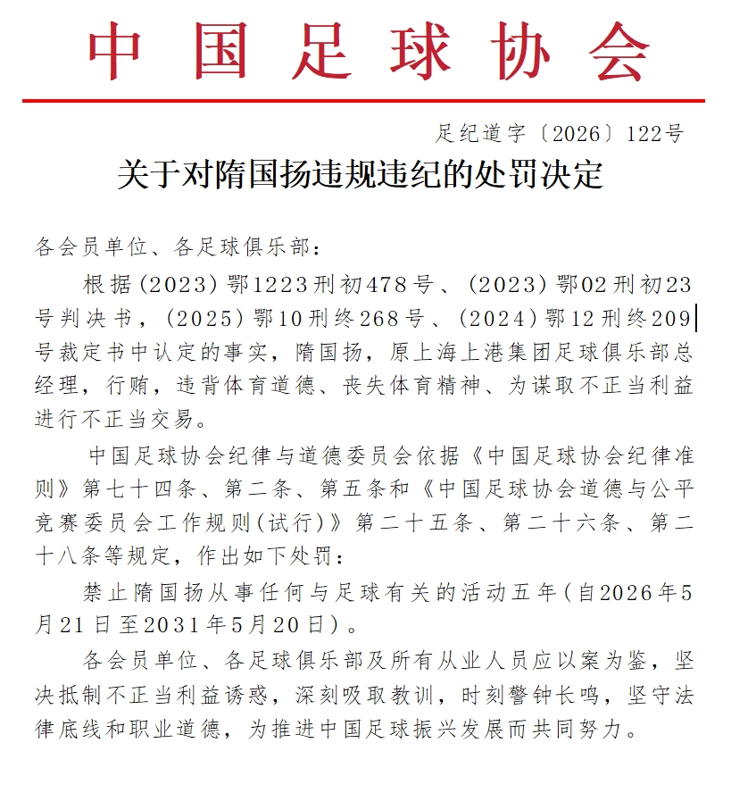 前上港总经理隋国扬因行贿被禁足五年